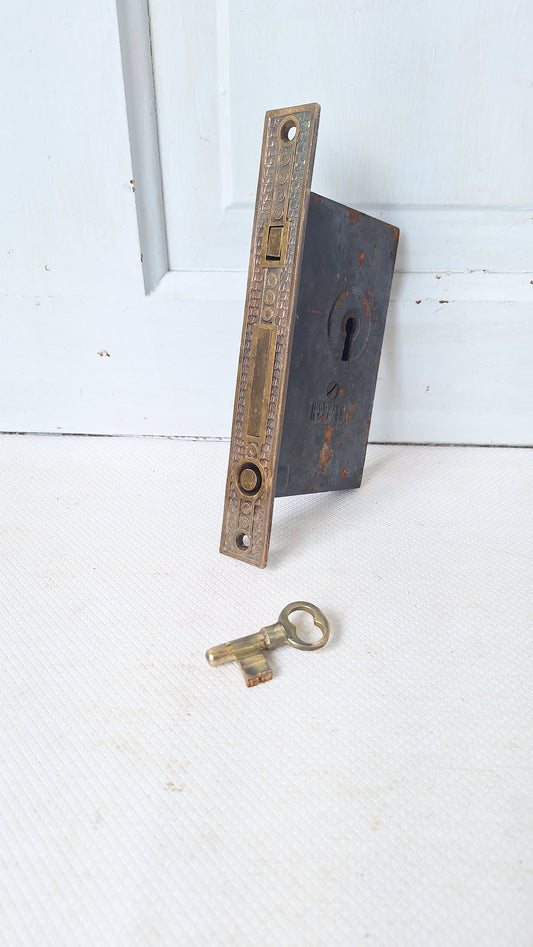 Antique Ornate Mortise Lock with Skeleton Key, Antique Keyed Door Lock, Antique Door Card with Working Key, Architecture Salvage 051202