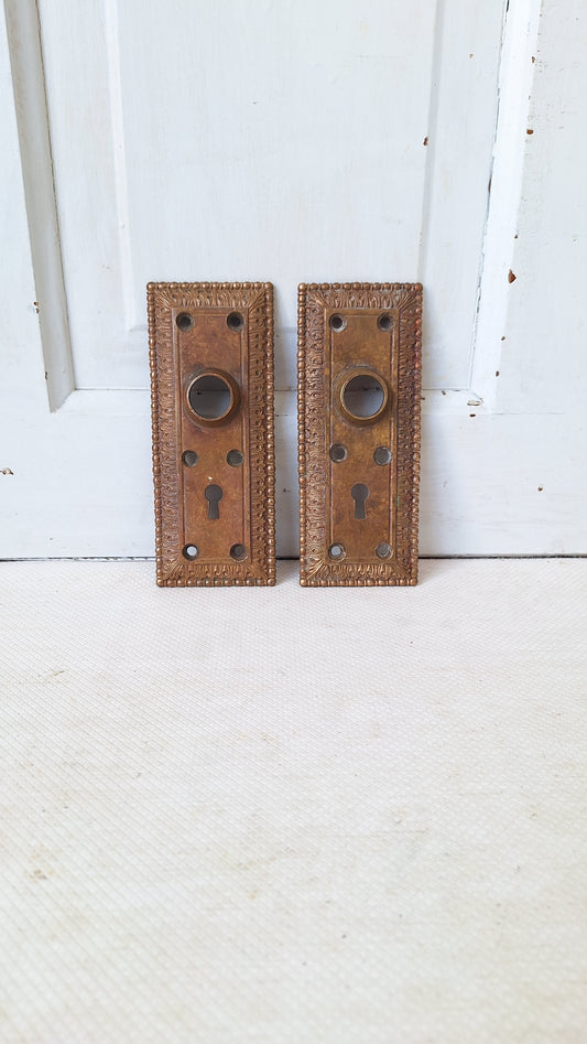 Pair Niles Chicago Large Bronze Door Plates, Antique Ornate Doorknob Backplates 051301