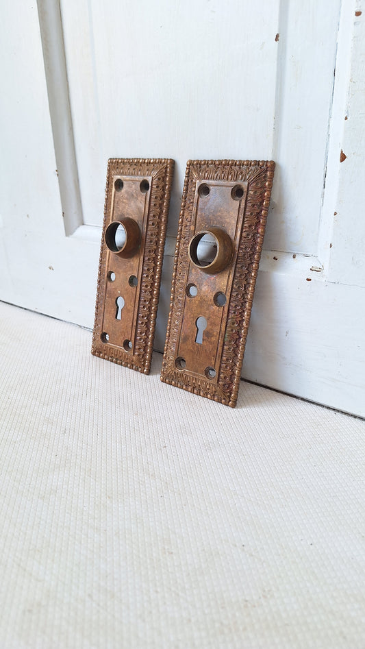 Pair Niles Chicago Large Bronze Door Plates, Antique Ornate Doorknob Backplates 051301