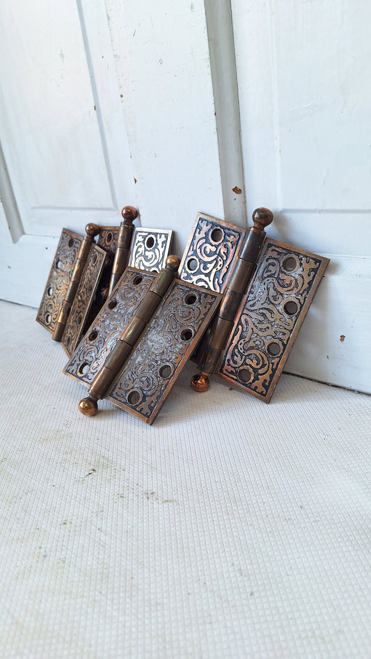 4.5" Set of Four Eastlake Hinges, Four Antique Door Hinge,Victorian Era Embossed Door Hardware, Bronze Hinge 051503