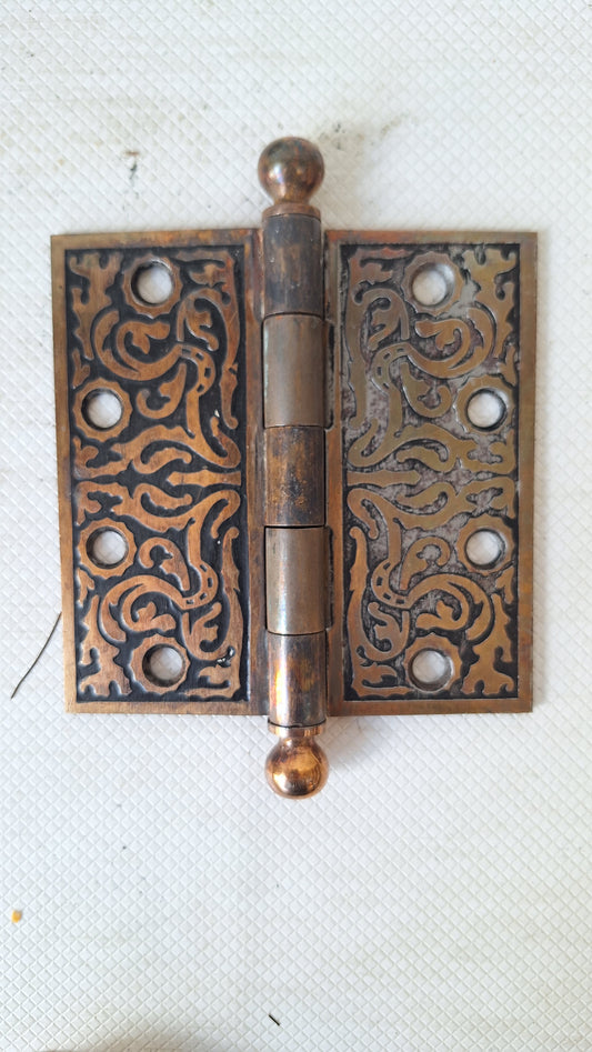 4.5" Set of Four Eastlake Hinges, Four Antique Door Hinge,Victorian Era Embossed Door Hardware, Bronze Hinge 051503