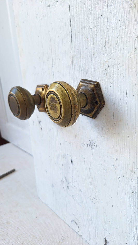 Vintage Brass Craftsman Hardware Set, Deco Door Plates and Knobs