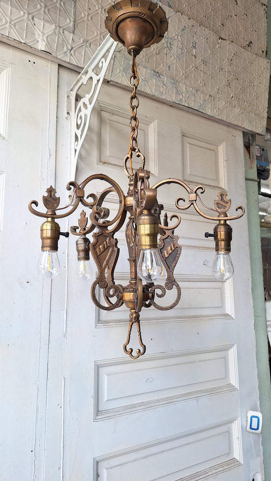 Vintage Spanish Revival 1930s Bronze Chandelier, Antique Solid Bronze Chandelier, Salvaged Spanish Style Ornate Chandelier 051308
