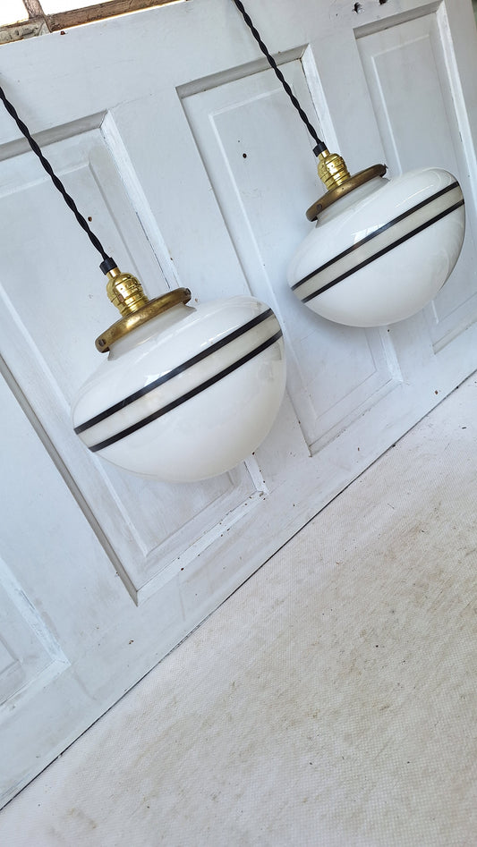 Pair Retro Vintage Pendant Lights, Black and White Glass Lights, Kitchen Island Lighting, Architecture Salvage 051502