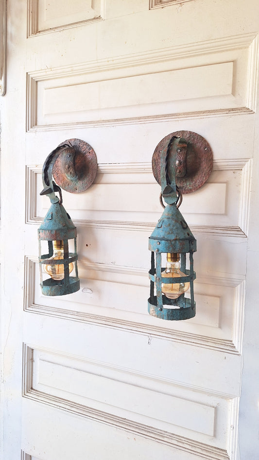 Two Wrought Copper Sconces, Antique Exterior Lights, Arts and Crafts Lighting, Vintage Copper Lights, Outdoor Lights 052003