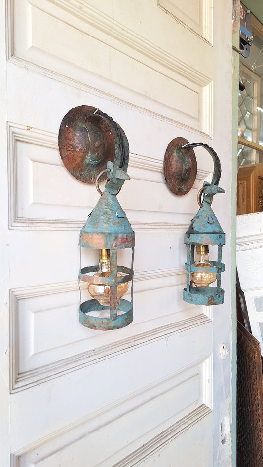 Two Wrought Copper Sconces, Antique Exterior Lights, Arts and Crafts Lighting, Vintage Copper Lights, Outdoor Lights 052003