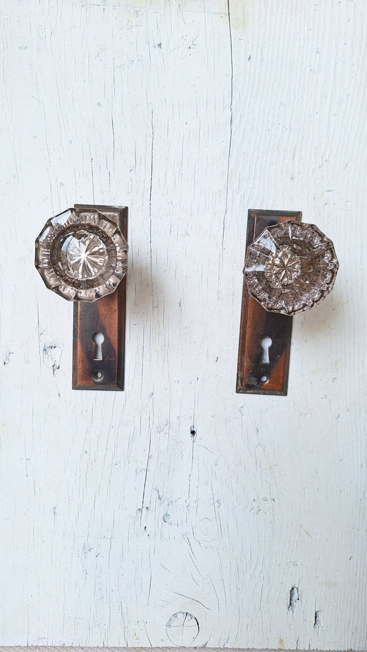 Antique Glass Doorknobs with Narrow Brass Plates, French Door Hardware Set, Purple Glass Knobs 052203