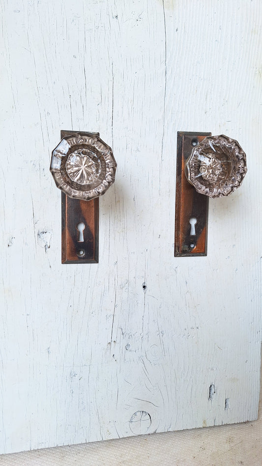 Antique Glass Doorknobs with Narrow Brass Plates, French Door Hardware Set, Purple Glass Knobs 052203