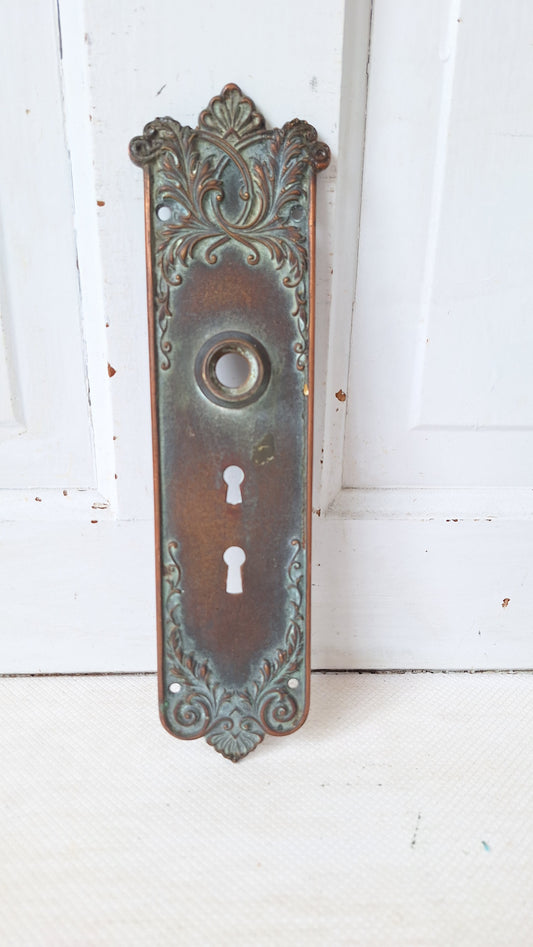 Large Lorraine Pattern Backplate with Two Keyhole, Ornate Entry Size Door Plate, Bronze Hardware, Door Backplate Architecture Salvage 052903