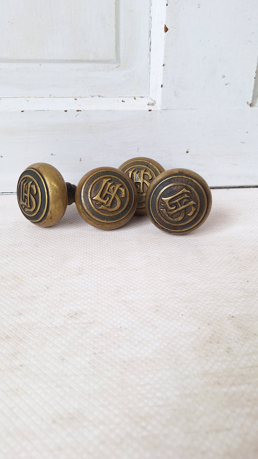 One Pair LHS Monogrammed Antique Doorknob Set, Pair of LHS Initial Door Hardware Knobs, LHS Letter Doorknob Set, Architecture Salvage 052904