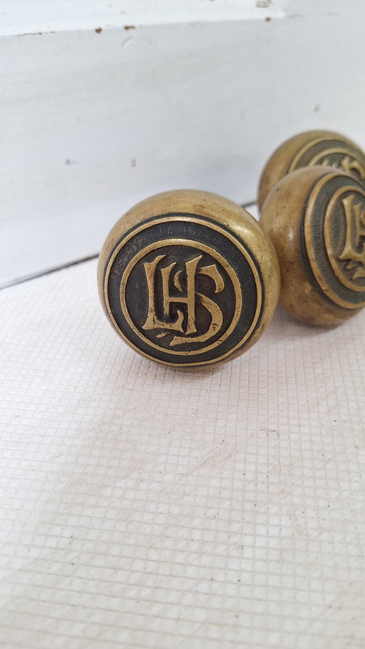 One Pair LHS Monogrammed Antique Doorknob Set, Pair of LHS Initial Door Hardware Knobs, LHS Letter Doorknob Set, Architecture Salvage 052904