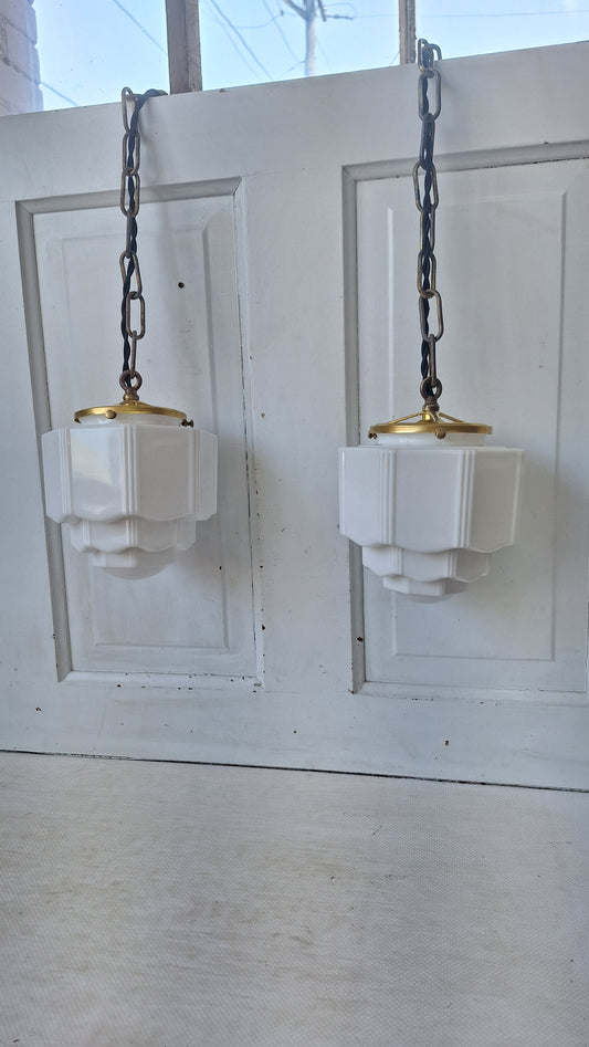 Pair Vintage Pendant Art Deco Lights, White Glass and Brass Lights, Kitchen Island Lighting, Architecture Salvage 053001