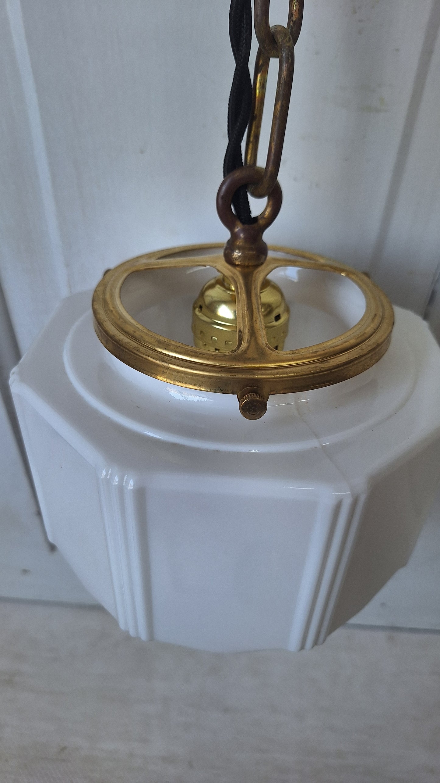 Pair Vintage Pendant Art Deco Lights, White Glass and Brass Lights, Kitchen Island Lighting, Architecture Salvage 053001