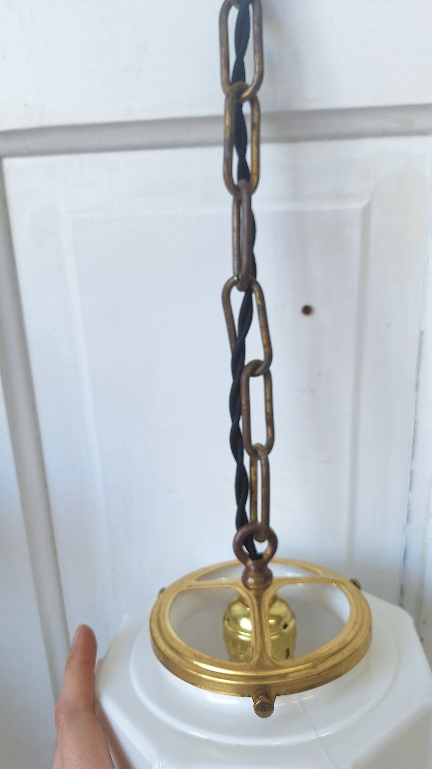 Pair Vintage Pendant Art Deco Lights, White Glass and Brass Lights, Kitchen Island Lighting, Architecture Salvage 053001