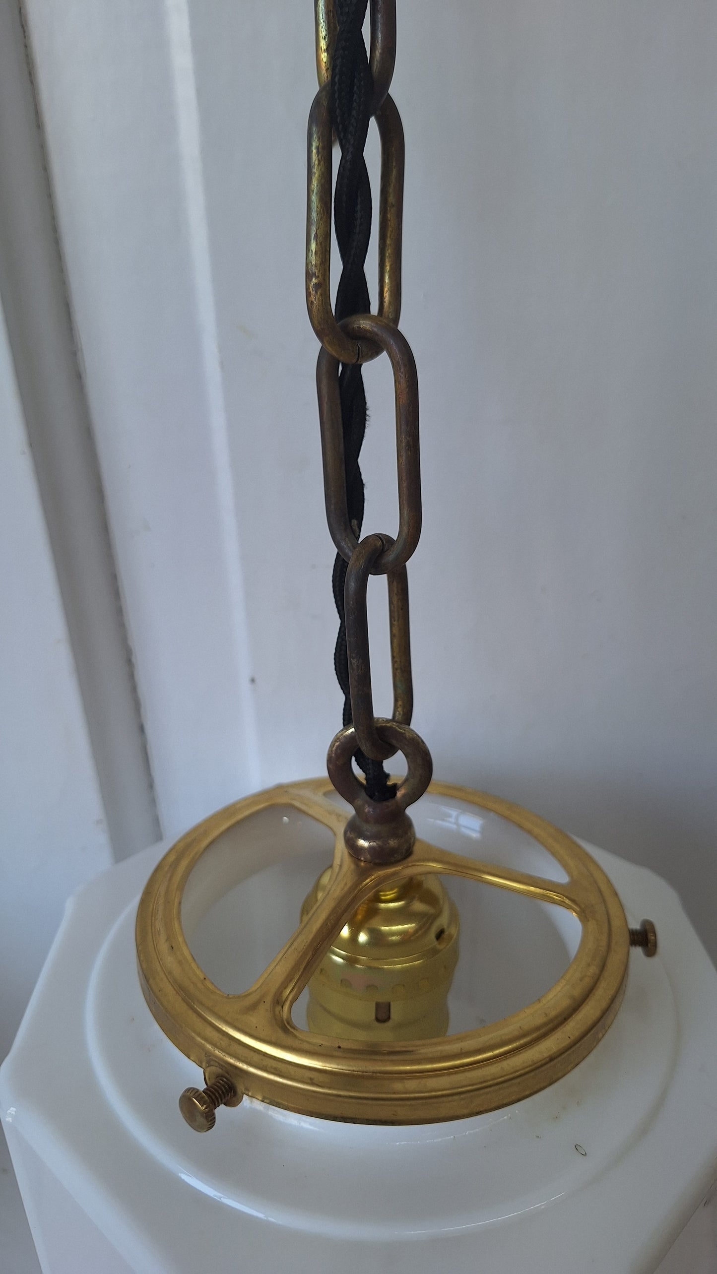 Pair Vintage Pendant Art Deco Lights, White Glass and Brass Lights, Kitchen Island Lighting, Architecture Salvage 053001