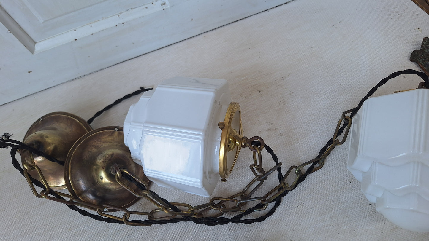 Pair Vintage Pendant Art Deco Lights, White Glass and Brass Lights, Kitchen Island Lighting, Architecture Salvage 053001