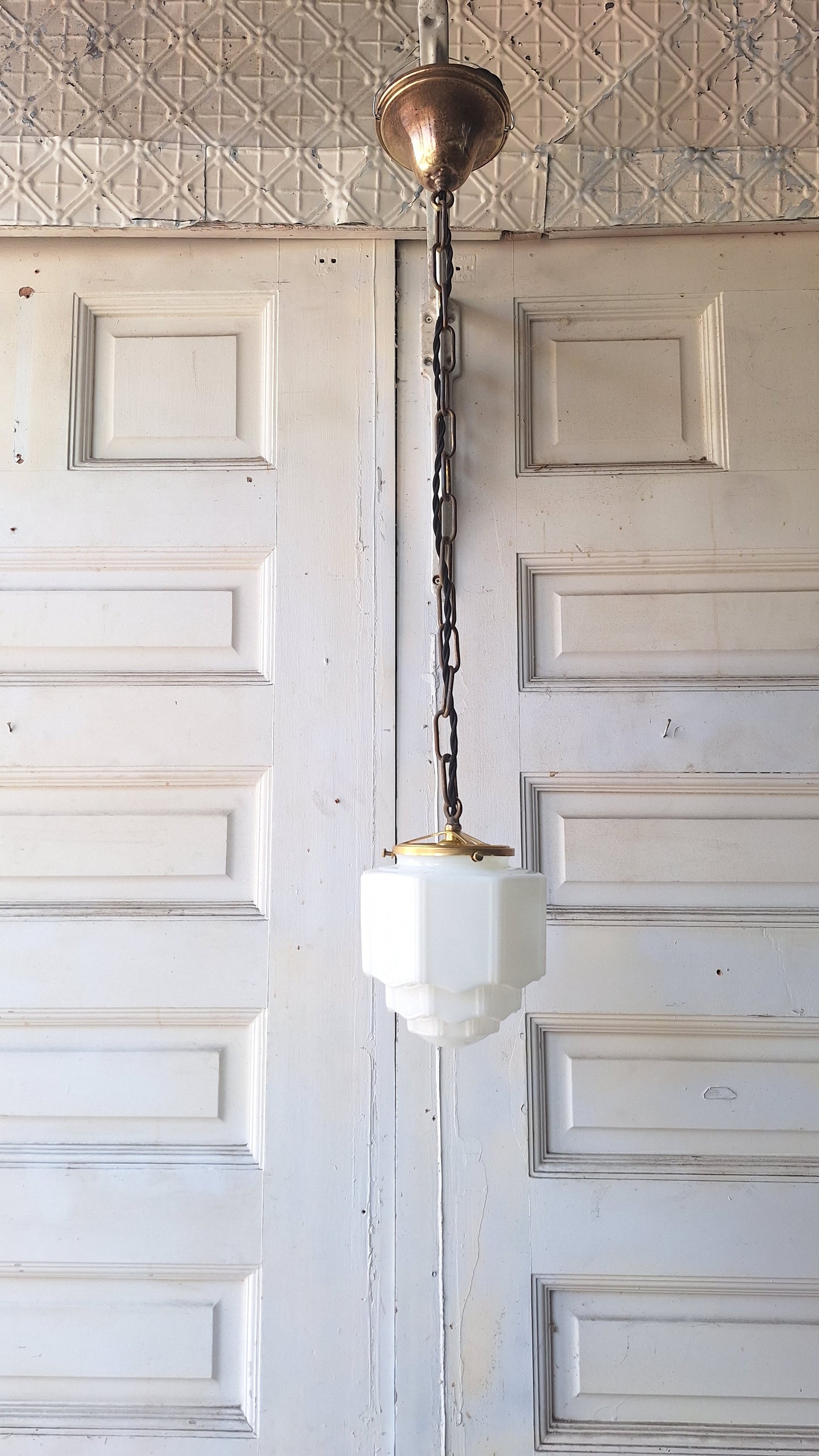 Small Vintage Pendant Art Deco Light, White Glass and Brass Light, Kitchen Island Lighting, Architecture Salvage 053003