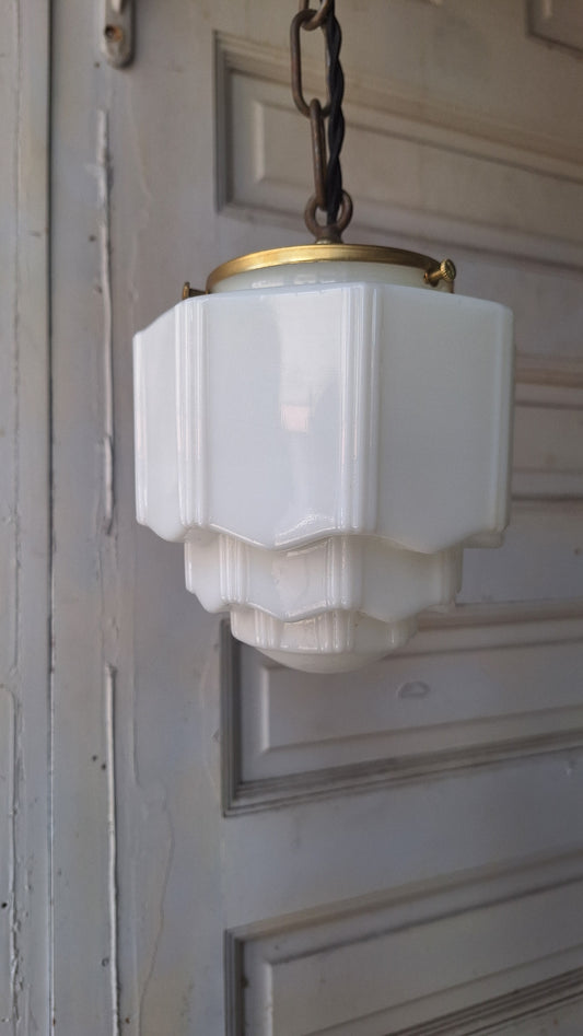 Small Vintage Pendant Art Deco Light, White Glass and Brass Light, Kitchen Island Lighting, Architecture Salvage 053003