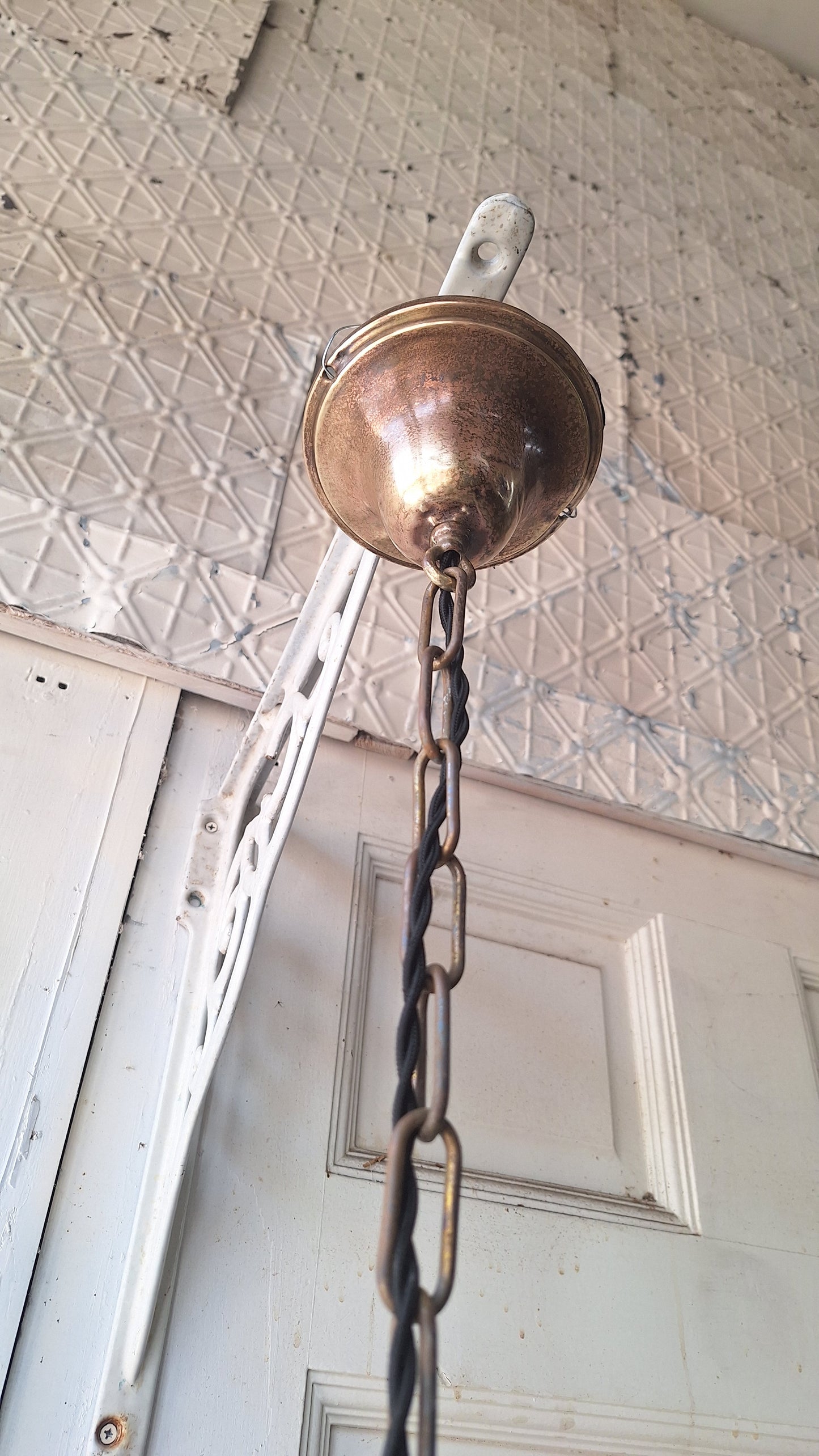 Small Vintage Pendant Art Deco Light, White Glass and Brass Light, Kitchen Island Lighting, Architecture Salvage 053003