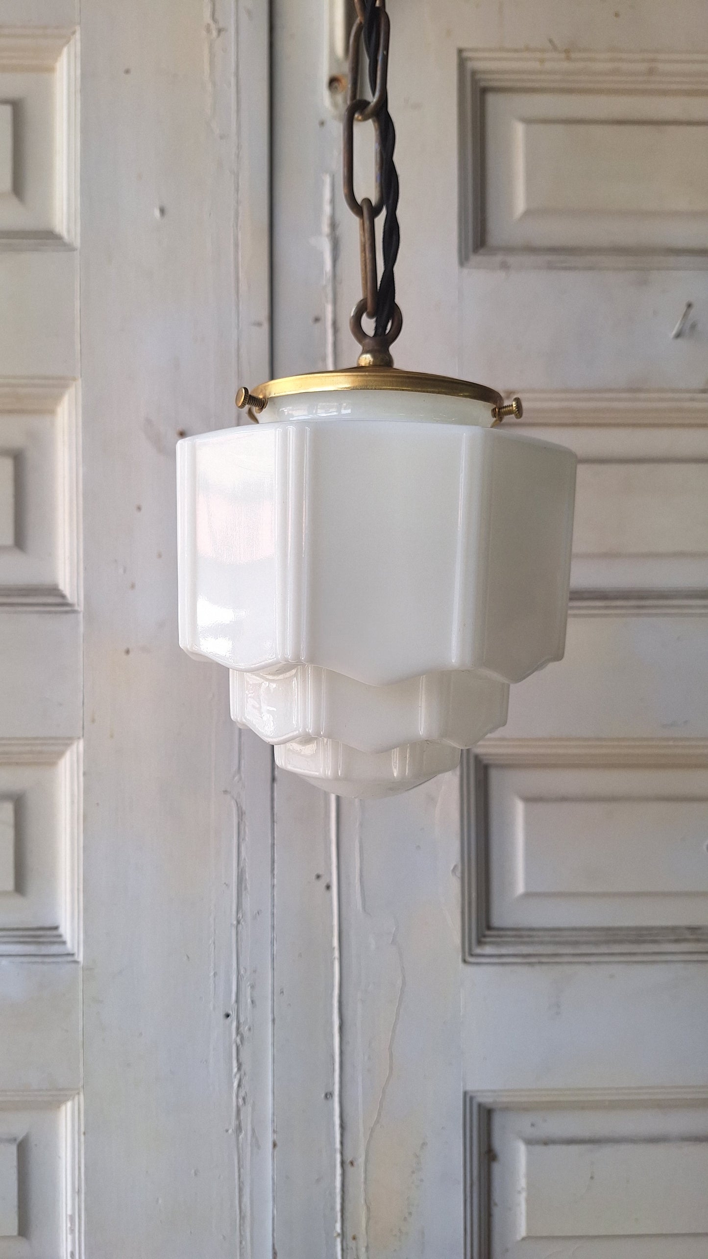 Small Vintage Pendant Art Deco Light, White Glass and Brass Light, Kitchen Island Lighting, Architecture Salvage 053003