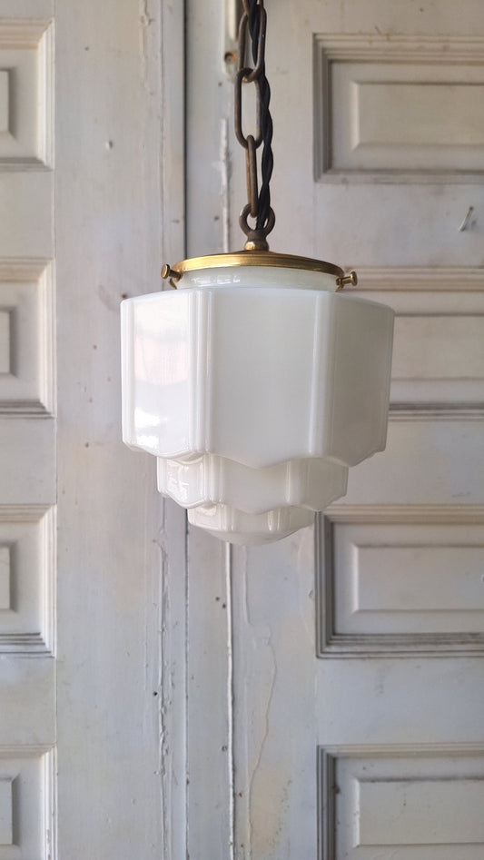 Small Vintage Pendant Art Deco Light, White Glass and Brass Light, Kitchen Island Lighting, Architecture Salvage 053003