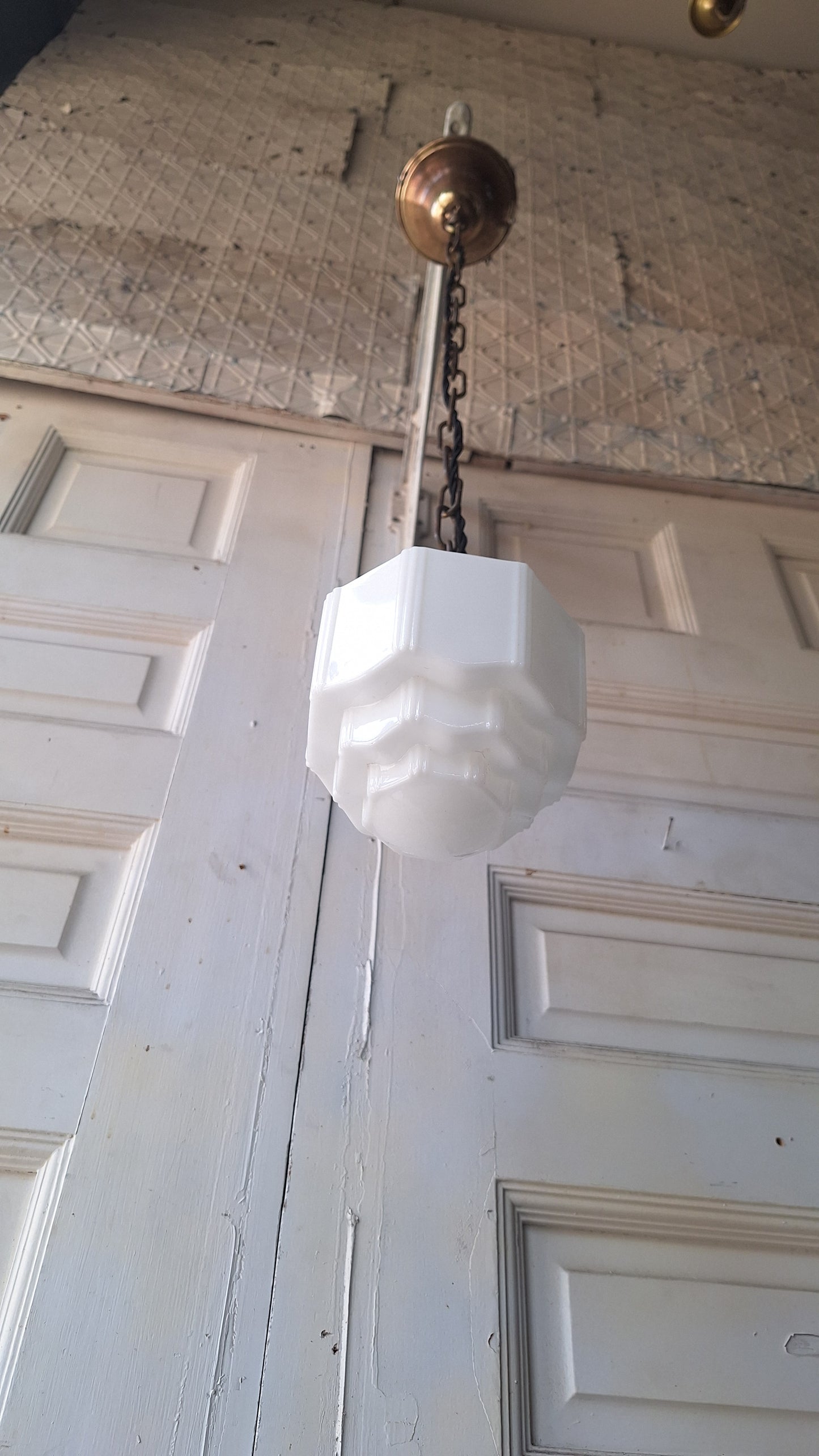 Small Vintage Pendant Art Deco Light, White Glass and Brass Light, Kitchen Island Lighting, Architecture Salvage 053003