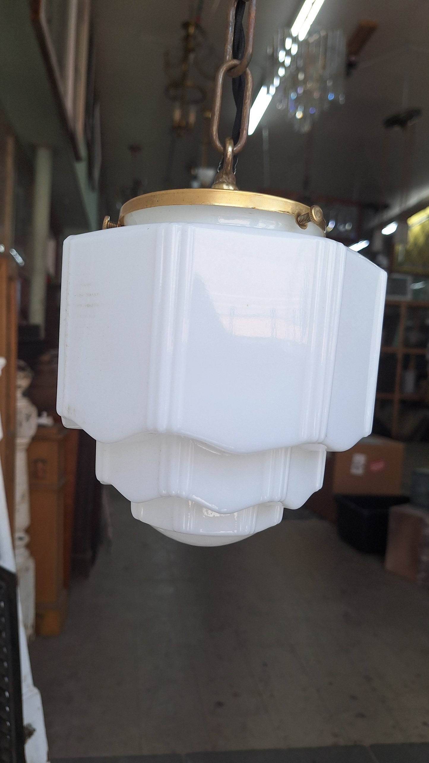 Small Vintage Pendant Art Deco Light, White Glass and Brass Light, Kitchen Island Lighting, Architecture Salvage 053003