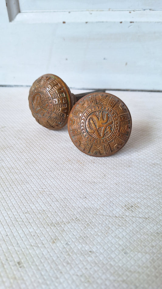 Pair of Arabic Design Antique Doorknobs, Mallory Wheeler Bronze Victorian Door Knobs 053105