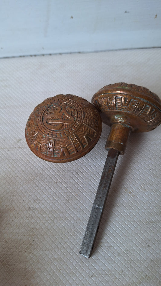 Pair of Arabic Design Antique Doorknobs, Mallory Wheeler Bronze Victorian Door Knobs 053105