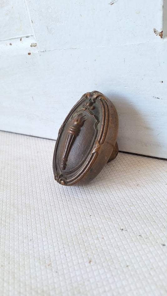 Torch Emblem Bronze Oval Doorknob, Heavy Bronze Doorknob with Torch Design, Antique Oval Door Knob 060303