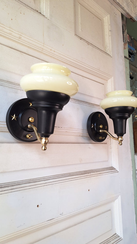 Custard Glass Slip Shade Wall Sconces, Pair of Art Deco Star Design Sconces, Black and Gold Wall Sconce Lights, Art Deco Lighting 060307