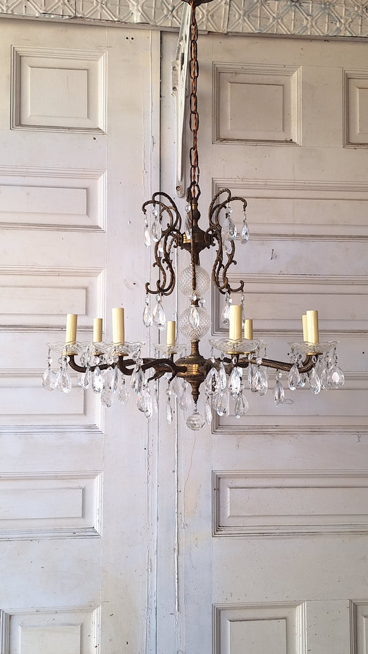 8 Candle Vintage Gold and Crystal Spanish Chandelier, Hollywood Regency Style, Crystal Ceiling Light