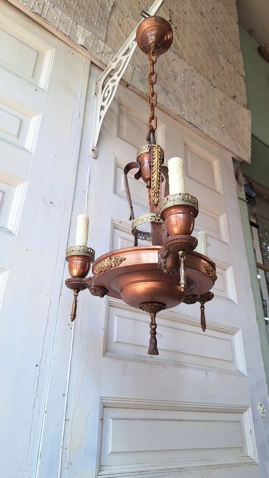 Vintage Copper Plated Chandelier, Candle Socket Antique Chandelier, Brass and Copper Vintage Light, Gold and Copper Chandelier 061001