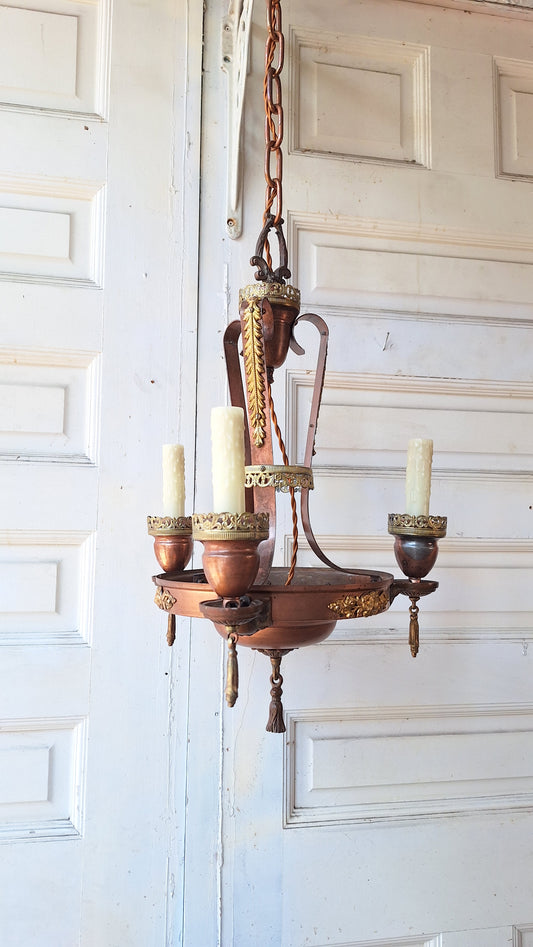 Vintage Copper Plated Chandelier, Candle Socket Antique Chandelier, Brass and Copper Vintage Light, Gold and Copper Chandelier 061001