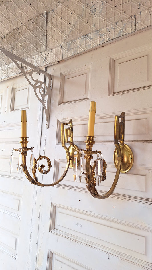 Pair of Gilded Wall Sconces, Candlestick Antique Gold Leaf Sconces, Crystal and Gold Wall Lights, Architecture Salvage