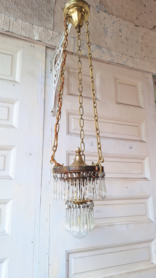Small Vintage Brass and Crystal Chandelier, Vintage Wedding Cake Light, Empire Style 061401