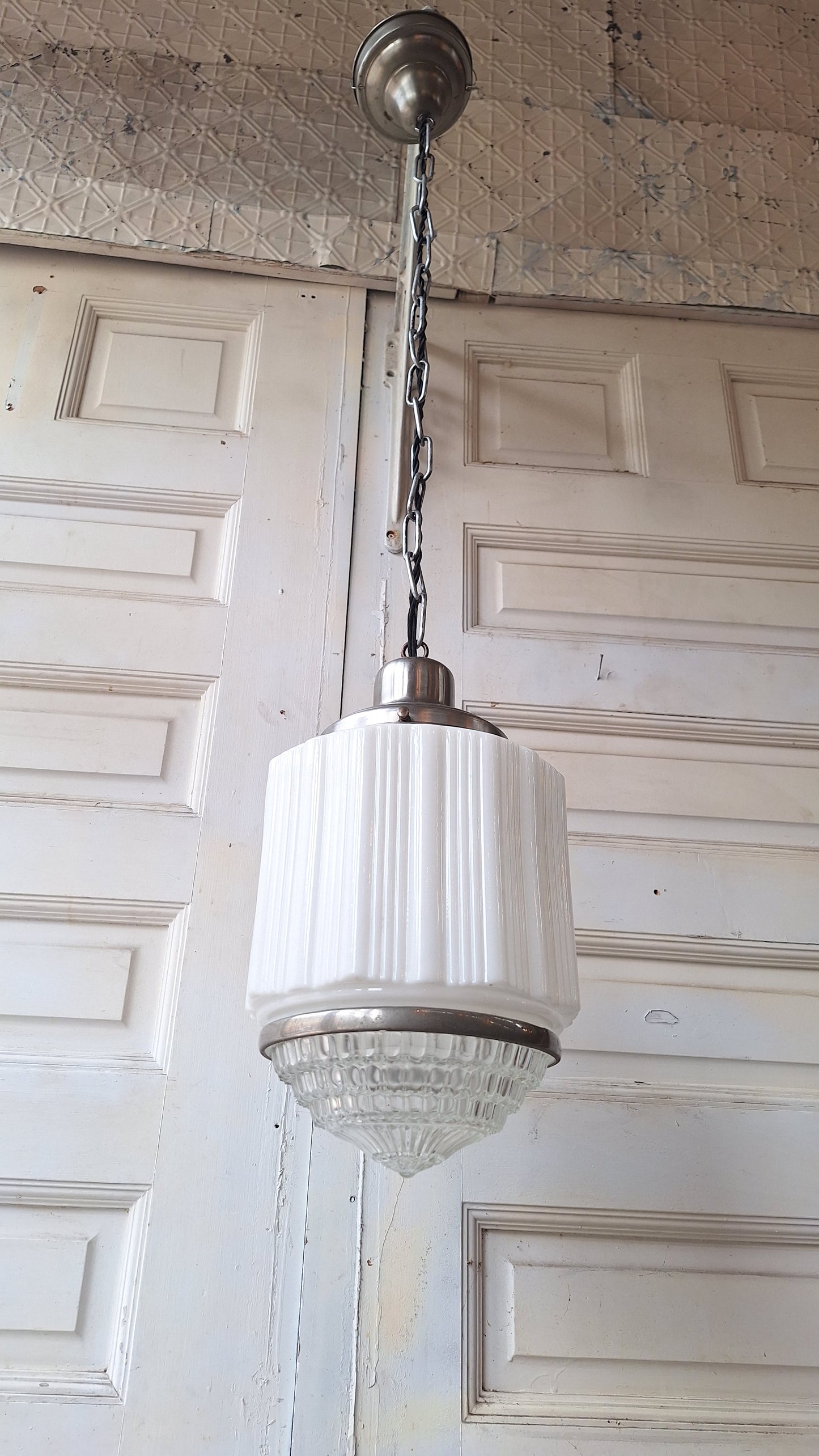 Antique Deco Faceted Clear and White Glass Flush Mount, Schoolhouse or Skyscraper Style Light, Antique Art Deco Light Architecture Salvage