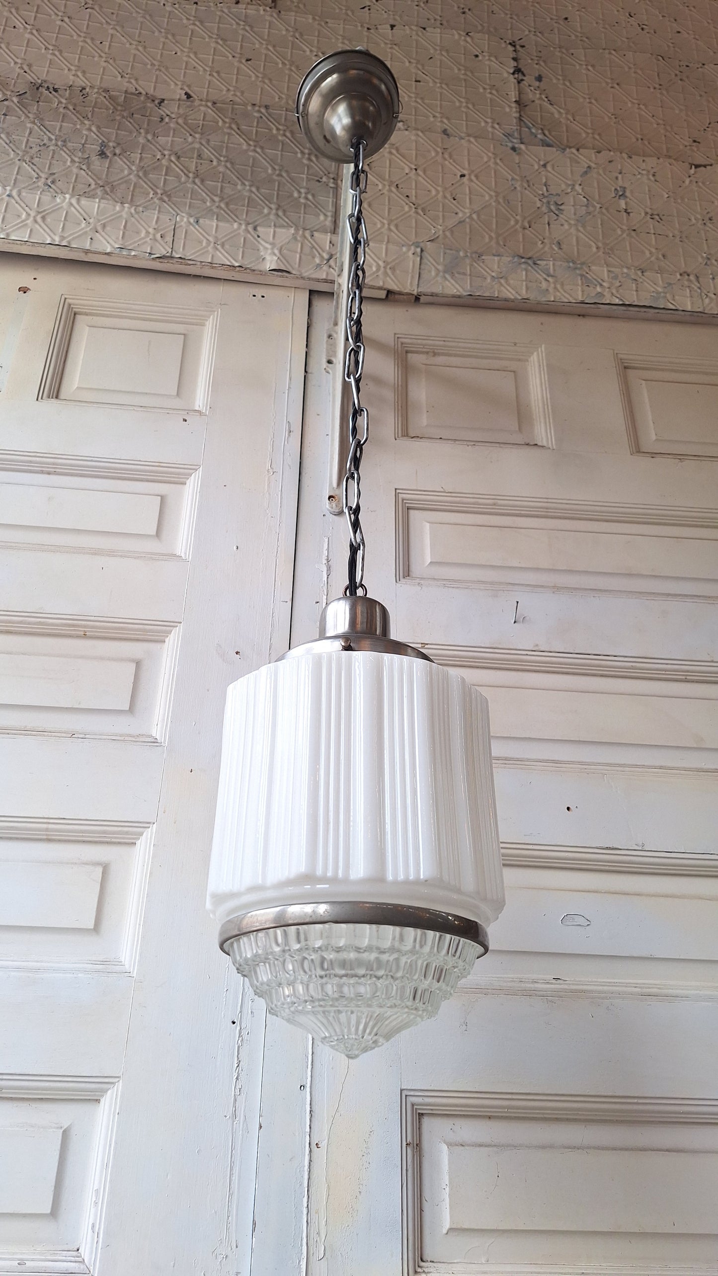 Antique Deco Faceted Clear and White Glass Flush Mount, Schoolhouse or Skyscraper Style Light, Antique Art Deco Light Architecture Salvage