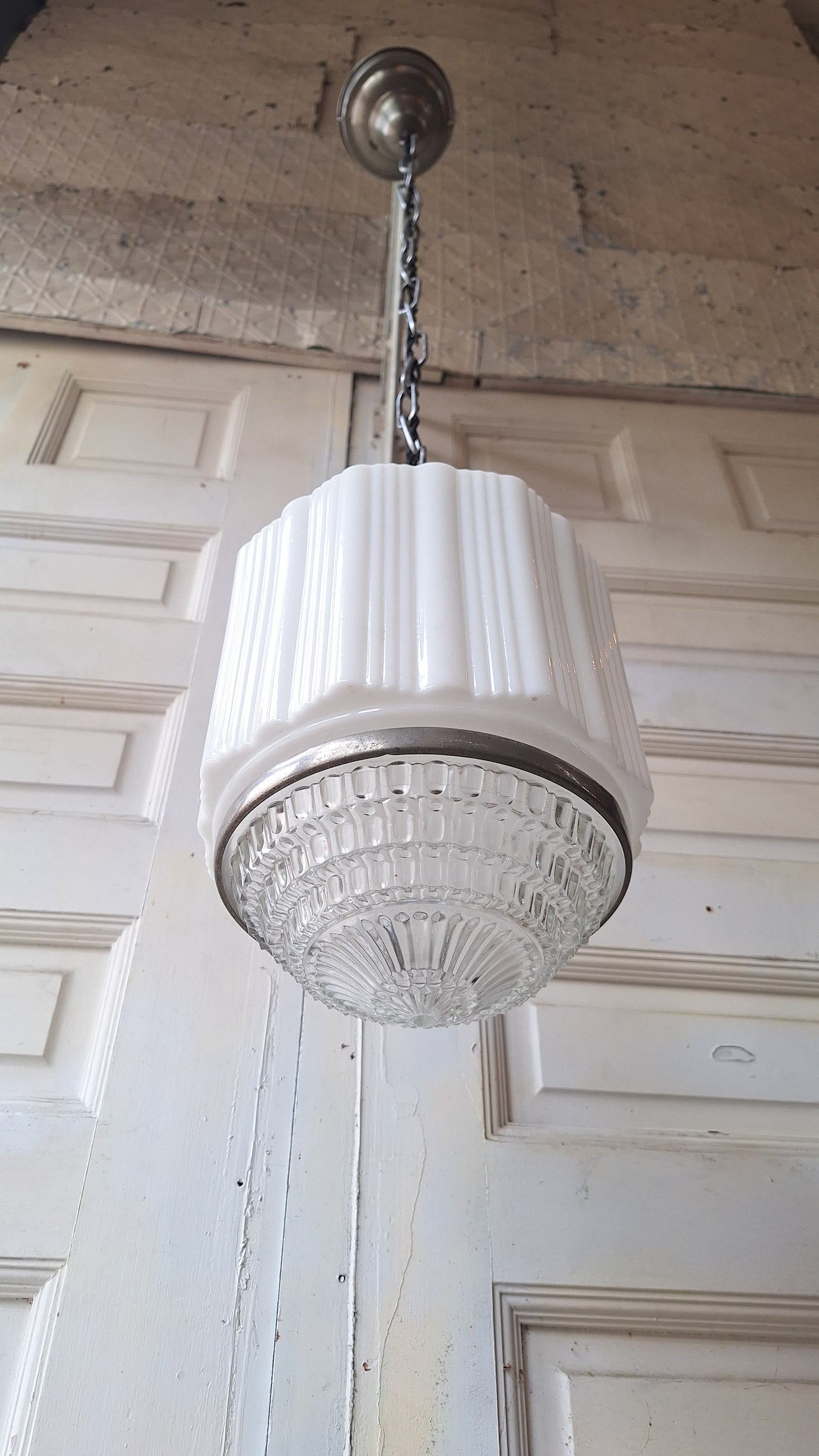 Antique Deco Faceted Clear and White Glass Flush Mount, Schoolhouse or Skyscraper Style Light, Antique Art Deco Light Architecture Salvage
