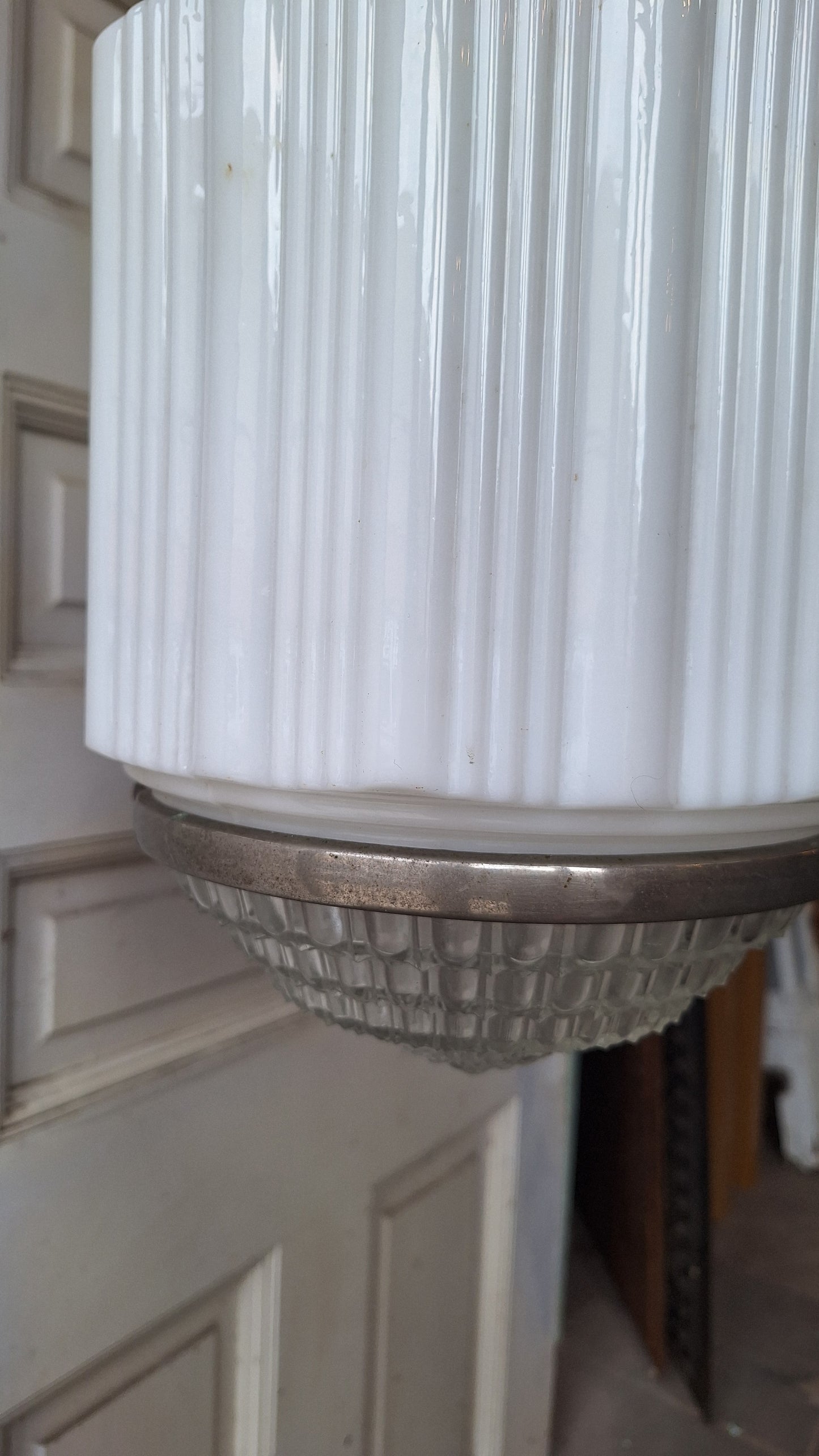 Antique Deco Faceted Clear and White Glass Flush Mount, Schoolhouse or Skyscraper Style Light, Antique Art Deco Light Architecture Salvage