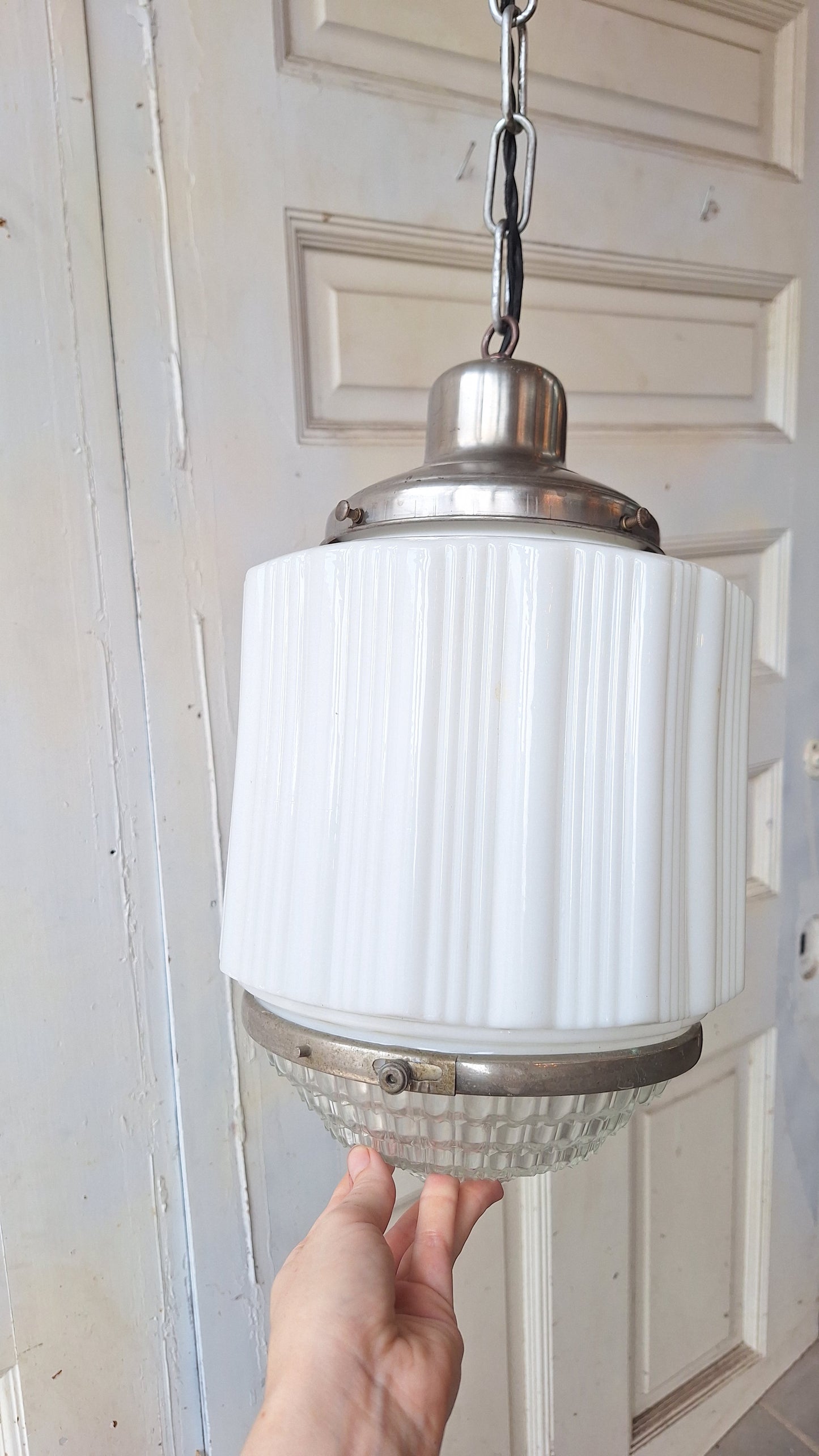 Antique Deco Faceted Clear and White Glass Flush Mount, Schoolhouse or Skyscraper Style Light, Antique Art Deco Light Architecture Salvage