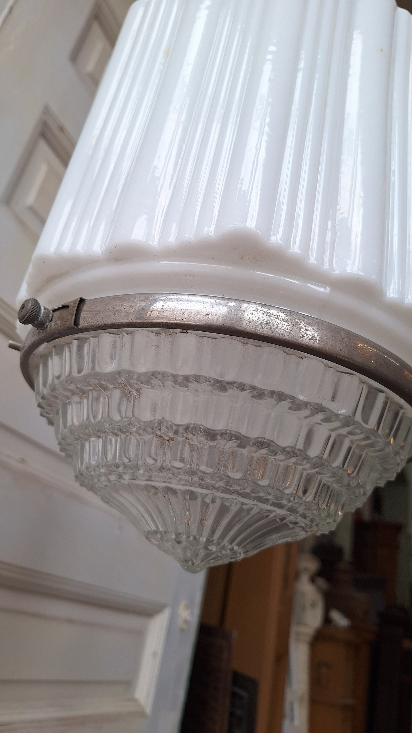Antique Deco Faceted Clear and White Glass Flush Mount, Schoolhouse or Skyscraper Style Light, Antique Art Deco Light Architecture Salvage