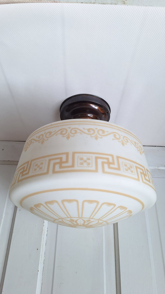 Vintage Stenciled Flush Mount, White Glass and Bronze Ceiling Light, Stencil Design Light Fixture, Architecture Salvage 061503