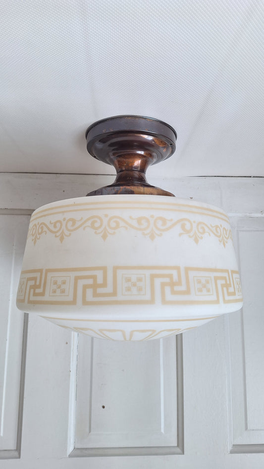 Vintage Stenciled Flush Mount, White Glass and Bronze Ceiling Light, Stencil Design Light Fixture, Architecture Salvage 061503