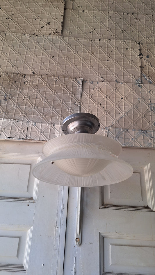 Molded Glass Shade Three Chain Art Deco Light, Semi Flush Antique Light Shade, Etched Glass Vintage Shade, Architectural Salvage 062101