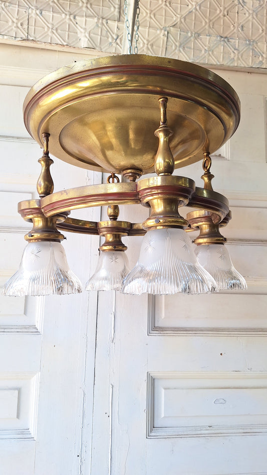 Four Light Antique Brass Pan Light, Brass Ornate Chandelier, Antique Brass Light, Victorian Light, Art Deco Craftsman Lighting 062102