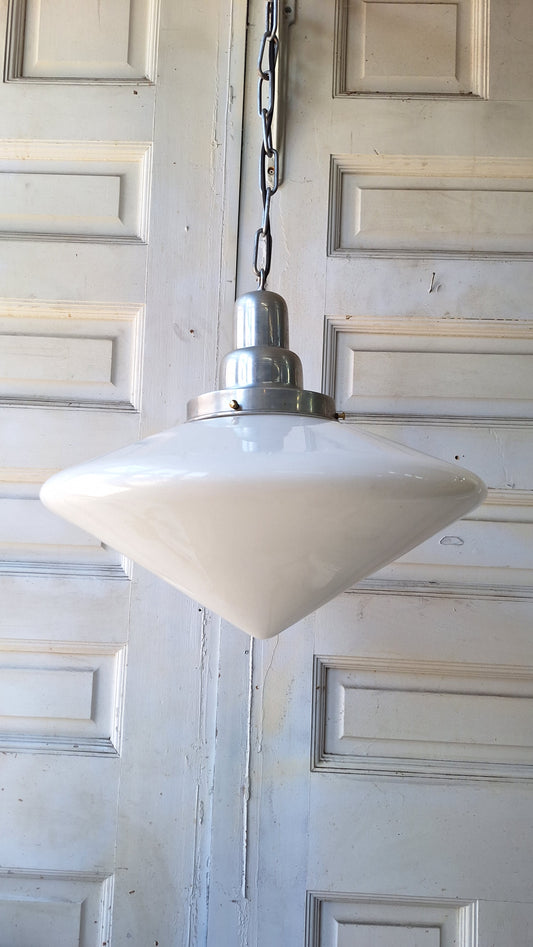 Art Deco Pendant with White Glass Globe and Silver Base, Schoolhouse Style Light, Antique Pendant Light Architecture Salvage