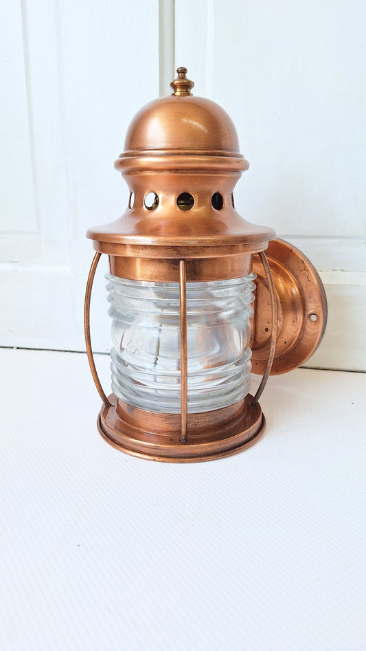 Antique Nautical Copper Wall Sconce with Ribbed Glass, Vintage Copper Marine Light with Lens Glass 062103