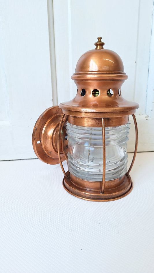 Antique Nautical Copper Wall Sconce with Ribbed Glass, Vintage Copper Marine Light with Lens Glass 062103