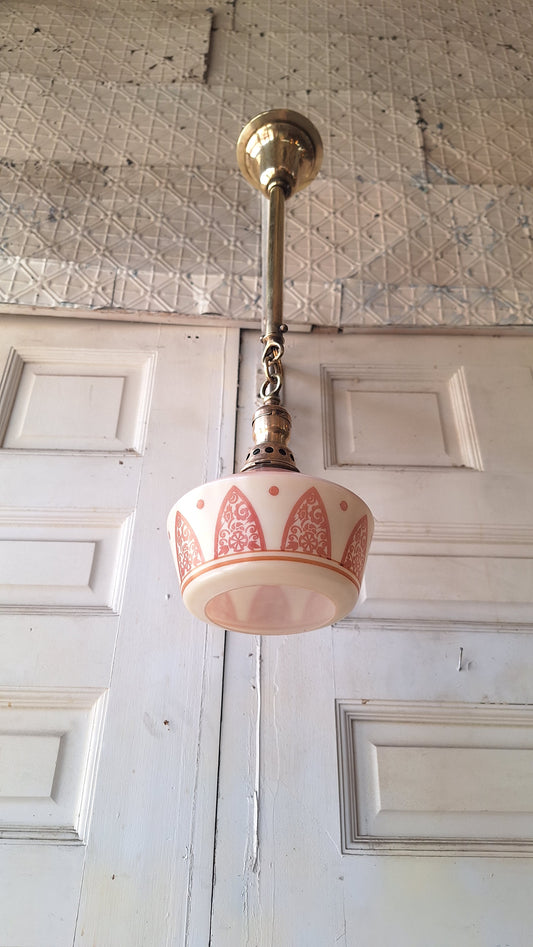 Vintage Pink Pendant Light with Stenciled Design, Brass and Glass Antique Pink Glass Globe Light 062403